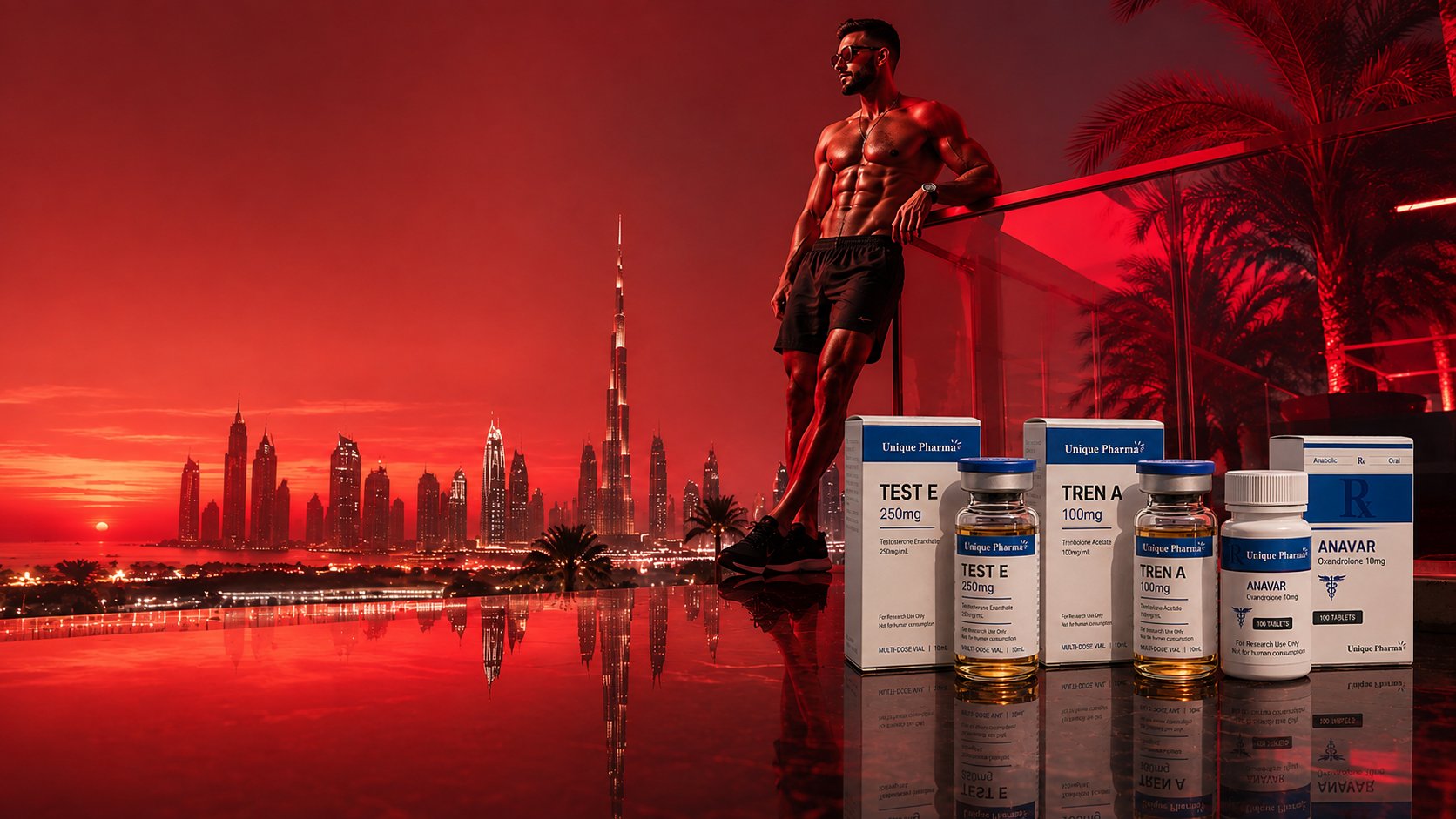 Research oils and tablets at red sunset